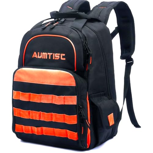AUMTISC Mochila para herramientas Mochila para trabajo pesado Mochila para herramientas con bolsillo multiusos Mochila para trabajo industrial y de construcción (ORANGE-55L)