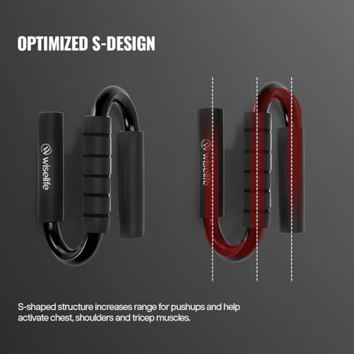 Image of Wiselife Push Up Bar Pair | Anti Slip Base for Home Gym & Workout Training | Heavy Duty Durable Push Up Bars for Chest, Arms & Core Strength | Ergonomic Comfortable Grip Handles S-Shape (Black)