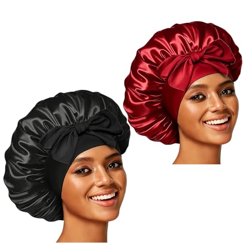 Confvrter Silk Bonnet Satin Bonnet for Sleeping Large Bonnets with Tie Band Hair Wrap with Adjustable Straps Hair Cap for Women Curly Black
