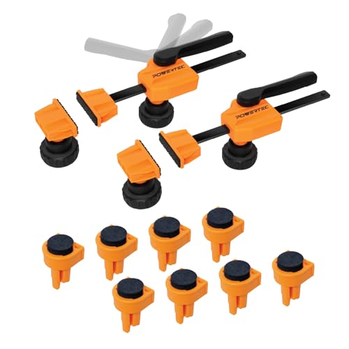 Image of POWERTEC 72240 Bench Dog Clamps w /Bench Dogs for 3 /4 inch Dog Holes | 2PCs Quick Clamp and Release Wood Clamps with 176lbs Clamping Force, 8PCs Durable Bench Dogs with Grommet Bench Brake Inserts