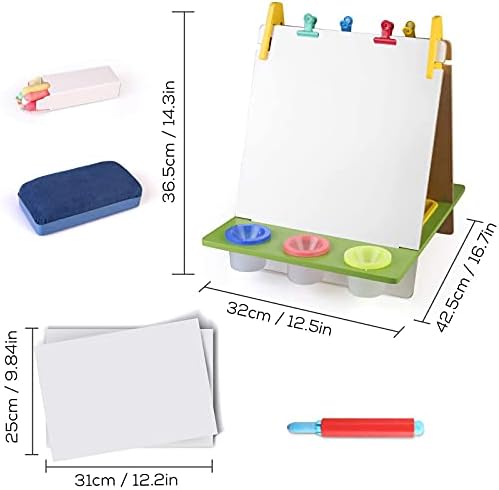 Veluoess Kids Art Easel Wooden Tabletop Easel,3 in 1 Double-Sided Painting Board for Children Multifunctional Blackboard and Whiteboard,Drawing Tool with Storage Tray Drawing Paper for Kids