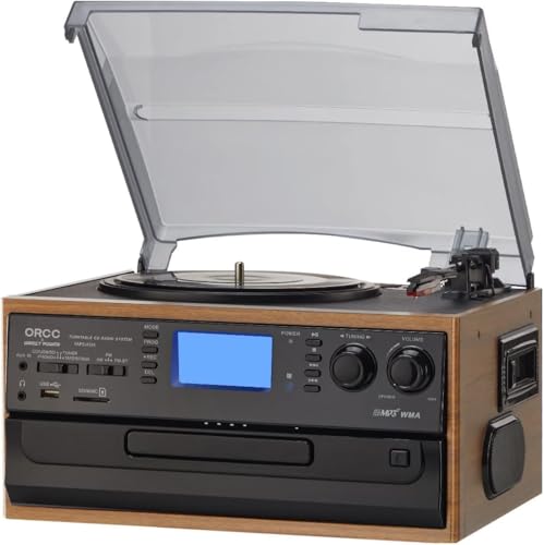 ORCC 10-in-1 Record Player, with Gift Card, Vinyl Turntable for 33/45/78 RPM, CD/USB/SD Play & Record, Bluetooth & Remote Control, FM/AM Radio for Music Lovers, Brown