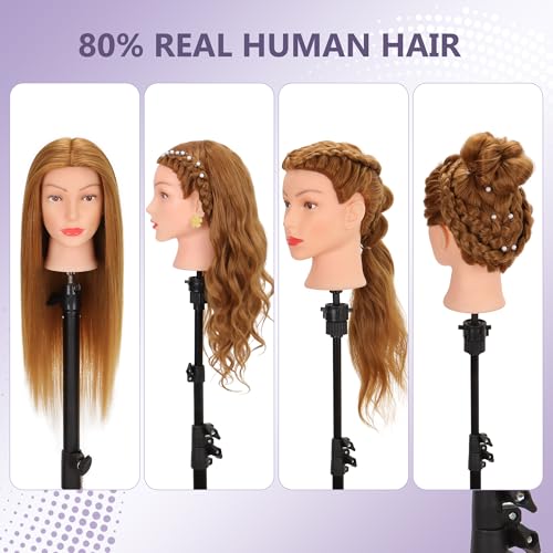 mannequin head human hair 80 real hair cosmetology mannequin head for braiding styling cutting 26-28 doll head with clamp tools blonde