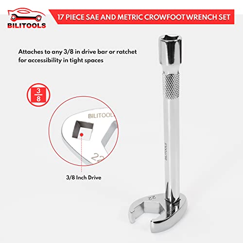 Bilitools Crows Foot Wrench Set, 3/8" Drive Crowfoot Flare Nut Cr-V Metric 10-22Mm & Sae 3/8"-7/8" | 17 Piece #TOP3