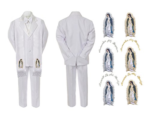 Unotux Baby Boy Christening Baptism Church White Suit Mary Maria Guadalupe Stole Sm-7 (3T, Full Color Silver English)