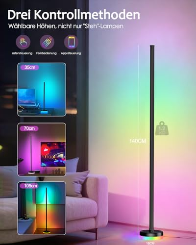 LED Stehlampe Wohnzimmer Dimmbar RGBIC - 140cm Smart Modern Stehlampe mit Fernbedienung und APP, 16 Millionen Farben, Musikmodi, DIY-Modus, Floor Lamp für Schlafzimmer, Gaming-Zimmer, Schwarz