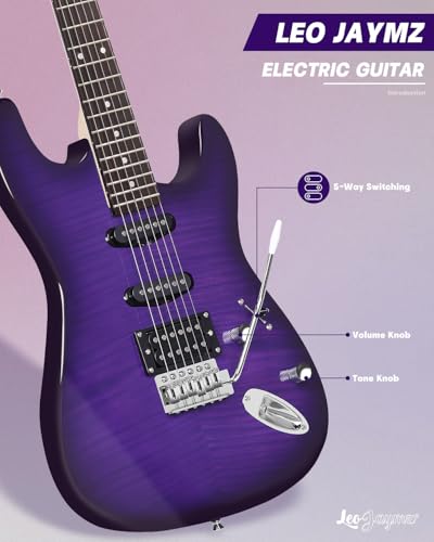 Leo Jaymz 39\" Full Size ST Style Electric Guitar Starter Kit with SSH Pickup, 5W Portable Amp, Tuner, Gig Bag, Strap & Accessories (Violet Flame) - Thumbnail 3