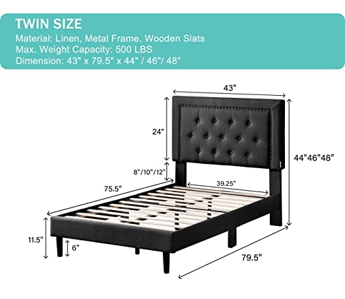 Twin Upholstered Platform Bed Frame With 48" Tall Adjustable Headboard - Button Tufted Linen Velour Bed - Wood Slat Support With Storage Space - No Box Spring Needed - Black - Oliver & Smith - Berlin #TOP1