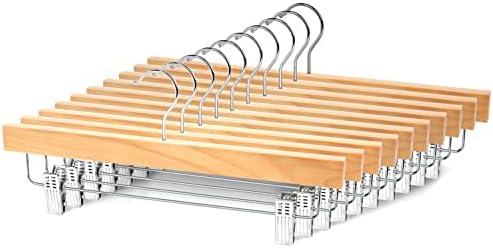 Hangerman 10Pcs Wooden Trouser Hangers 36cm Wood Pant Hangers with Adjustable Clips 360° Swivel Hook Space Saving Premium Edition Solid Wood Elegant for Trousers, Skirts, Jeans and Slacks,Natural
