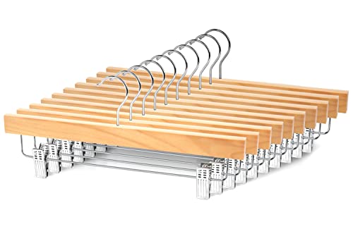 Hangerman Lot de 10 cintres en Bois de 36 cm avec Clips réglables et Crochet pivotant à 360° pour économiser de l'espace en Bois Massif élégant pour Pantalons, Jupes, Jeans et Pantalons
