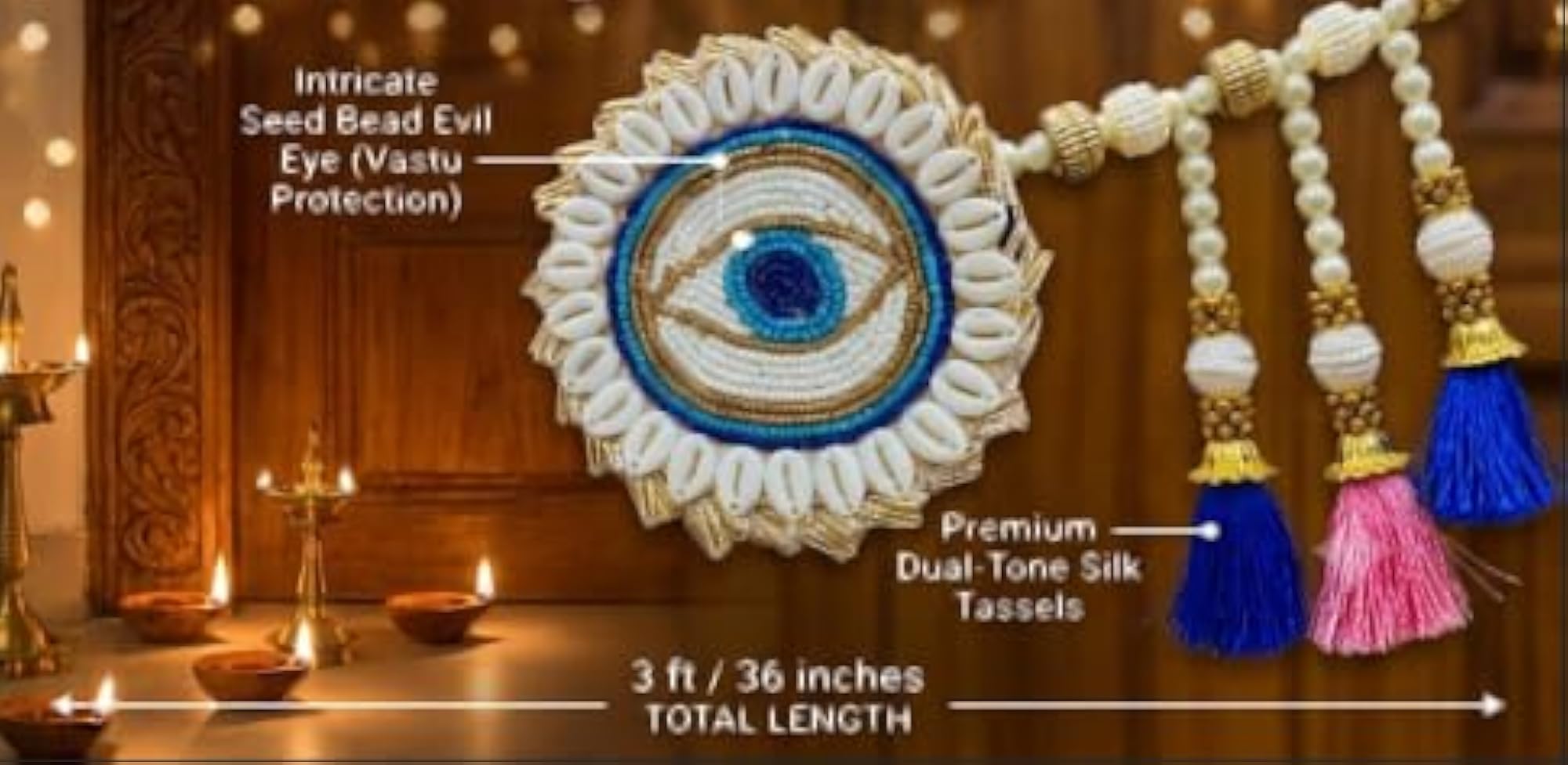 Handcrafted Evil Eye Pearl & Cowrie Shell Toran for Main Door