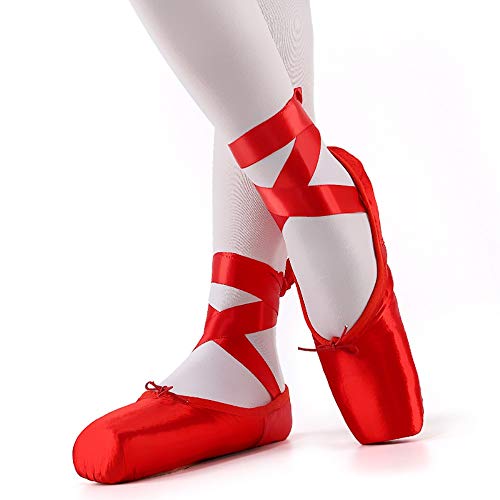 Nexete Ballet Dance Pointe Shoes, Dance Slippers Ballet Dance Flats with Toe Pads & Ribbons, for Girls Women Black Pink Red (1 Little Kid, Red)