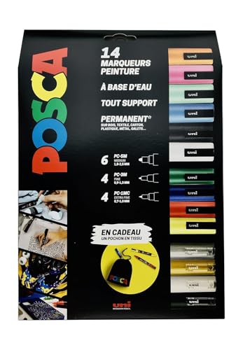 POSCA - Mitsubishi Pencil - Maxi Pack Multi-Pointes - 14 Marqueurs Peinture à Base d'Eau - Tout Support - Couleurs et Pointes Assorties - Pochon Offert