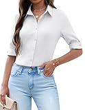 Zeagoo White Blouses for Women UK Business Shirts Button Down Fitted Shirt 3/4 Sleeve Blouse Ladies Work Office Tops White S