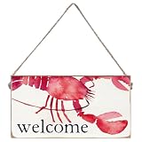 Rustic Marlin Lobster Watercolor Welcome Twine Sign Coastal Nautical Wall Decor Handcrafted Solid Pine Wooden Hanging for Entryway Front Door Living Room Coastal Home Accent