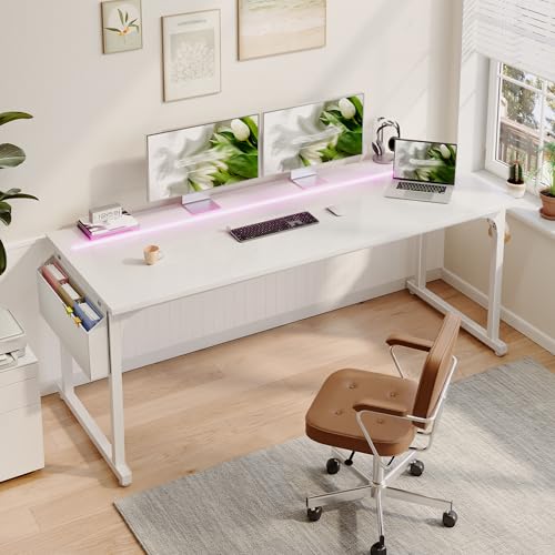 Image of DurayLoly 71 inch Computer Desk LED Lights, Large Office Desk for 3 Monitors or 2 laptops,Long Desk with Storage Bag&Headphone Hook for Study Writing Work Gaming Desk,Sturdy Metal Frame,Bedroom,White