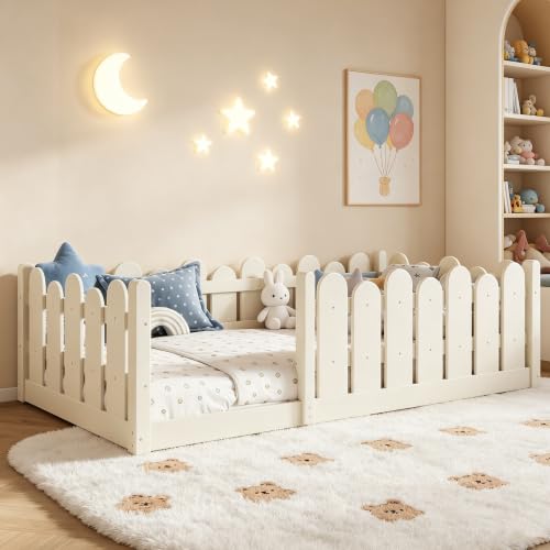 Image of Bellemave Twin Size Kids Montessori Floor Bed,Floor Bed Frame with Rounded Safety Guardrail,Solid Wood Montessori Bed for Girls Boys,Beige