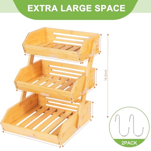 Large Bamboo Fruit Basket with 2 S Hooks, Fruits Bowl 3-Tier for Kitchen Counter Top, Vegetable Storage Stand for Grocery Shop, Natural Snacks Organizer Rack(Self-assembly) by BBQStyle - Image 6