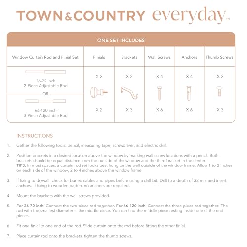 TOWN & COUNTRY EVERYDAY Modern Rounded Cap Single Indoor Curtain Rod and Finial Set, Easy Install Wall Mount, Matte Gold, Adjustable 36”-72” by TOWN & COUNTRY EVERYDAY - Image 5