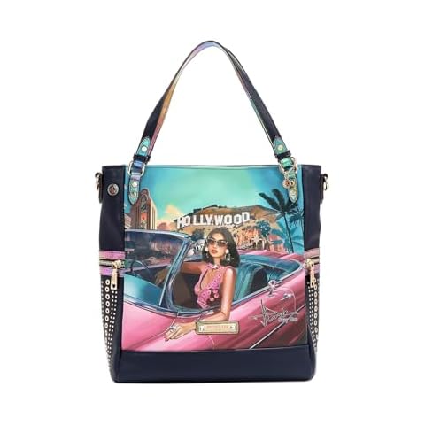 Nicole Lee Hollywood Drive Large Tote, Embellished Vegan Leather Shoulder Bag with Grommets, Sequins in Los Angeles Fashion Print, Optional Shoulder Strap Cover