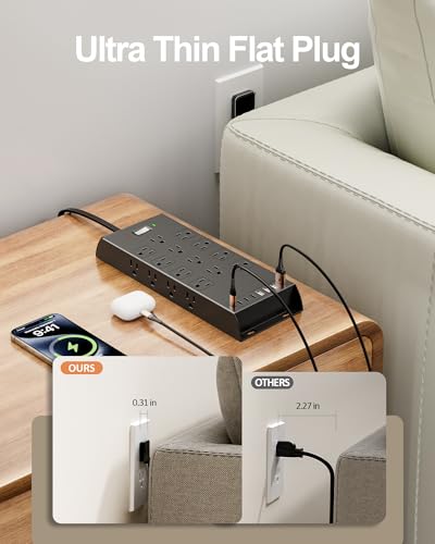 Image of Surge Protector Power Strip 4800J, LeZone 10Ft Long Extension Cord Flat Plug, 20 Outlets 8 USB Ports(4 USB-C), Wall Mountable, Desk Charging Station, Black