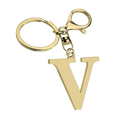 Suweibuke Stainless Steel Gold Letter A-Z Keychain for Women Men, Initial Letter Pendant with Key Ring, Charms for Key Backpack Bag (Gold-V)