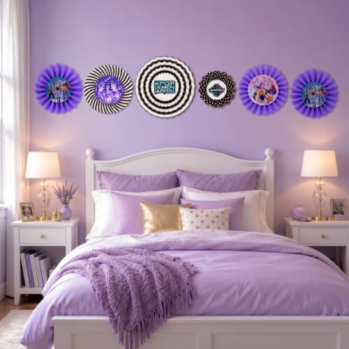 Image of Wanna Party Purple Korean Pop Inspired Paper Fan Decorations, Set of 6 | Hanging Rosette Fans for Birthday, Dance Party, Photo Backdrop, Cake Table & Celebration Decor
