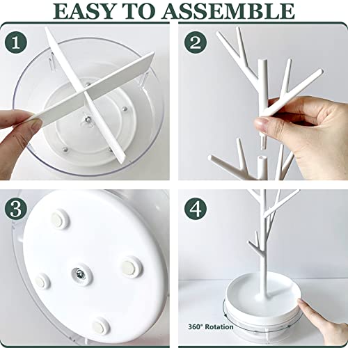 Mzyouhuo Rotating Jewelry Organizer Stand, 3 In1 Jewelry Tree Stand, Necklace Holder Display With Acrylic Tray For Earrings Necklaces Bracelets Watches Rings -14.56 Inch High (White #TOP6