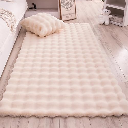 GIBZ Tapis Rectangulaire Imitation Lapin Tapis d'Intérieur en Fourrure Douce et Velours à Bulles pour Chambre à Coucher et Salon Beige 120x180cm