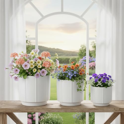 Image of Xtore Studio Ceramic Ribbed Planter Set | Vertical Groove Plant Pots for Home & Office Decor - (Set of 3, White, Planter ONLY)