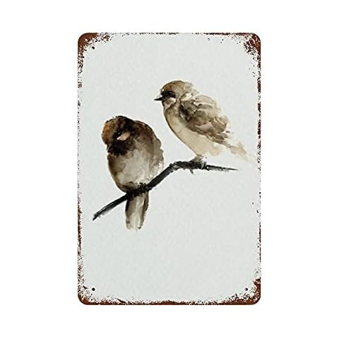 Graman Vintage Metal Tin Sign Birds Watercolor Aluminum Metal Sign Brown Sparrow Natural Home Decor Abstract Bird Metal Tin Sign Two Sparrows Art Decor Rustic Shabby Chic Decor 12x8 Inch Cover