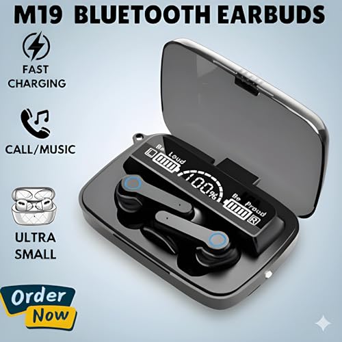 Image of M19 Bluetooth Earbuds with 9D HiFi Sound, Intelligent Noise Reduction, Bluetooth 5.1, IPX7 Waterproof, Fast Charging Case