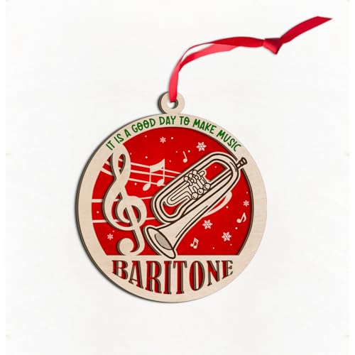 3D Baritone Wooden Ornaments for Christmas Tree, Musical Instrument Baritone Ornament with Treble Clef & Music Note, Marching Band Baritone Ornament Keepsake Gift for Baritone Player Lover Band Member