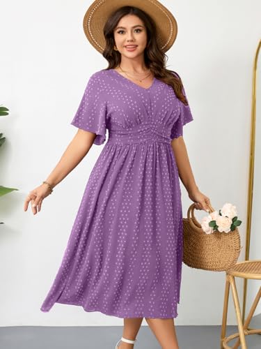 Image of RWJ Women's Plus Size Maxi Dress V Neck Short Sleeve Swiss Dot A Line High Waist Boho Swing Casual Summer Dresses