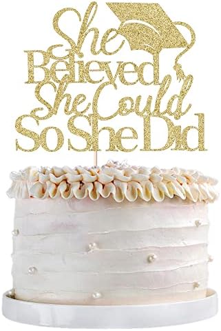 Qertesl She Believed She Could So She Did Cake Topper,2023 Graduation Cake Topper,Graduation Decorations for Girls,2023 High School/College/University Graduation Party Decoration Supplies. (gold)