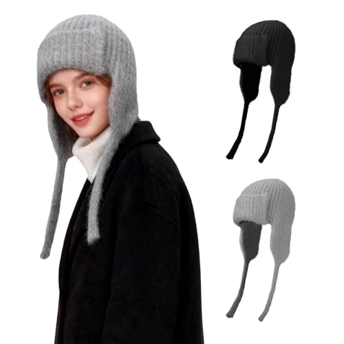TAGVO 2 PCS Women's Winter Knit Hats, Soft Faux Mink Beanies with Earflaps & Tie Strings, Lightweight Skull Cap Warm Trapper Hat for Outdoors