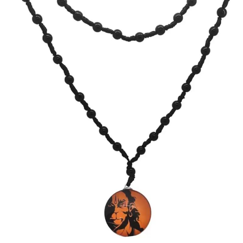 Lord Hanuman Pendant for Men & Boys | Black Beads Chain with Bajrang Bali Locket | Spiritual Necklace for Good Health, Wealth & Protection