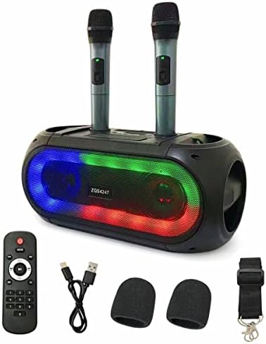 Karaoke Machine with 2 Wireless Microphones for Adults and Kids, Portable Bluetooth Speaker with Party Lights, FM Radio, Remote Control, Rechargeable PA System, Support USB, TF Card, AUX