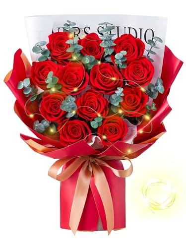 Mosstory Flower Bouquet 12-Piece Red Preserved Roses Bouquet with Led
