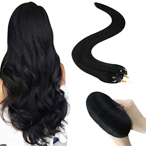 JoYoung Micro Link Hair Extensions Black Human Hair Jet Black Microbeads Hair Extensions Micro Ring Human Hair Pre Bonded Keratin Hair Extensiosn Micro Ring Real Hair 24inch 50grams 50strands