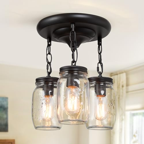 LALUZ Mason Jar Flush Mount Ceiling Light, 3-Light Black Farmhouse Ceiling Light Fixtures for Kitchen Bedroom Hallway Entryway Foyer