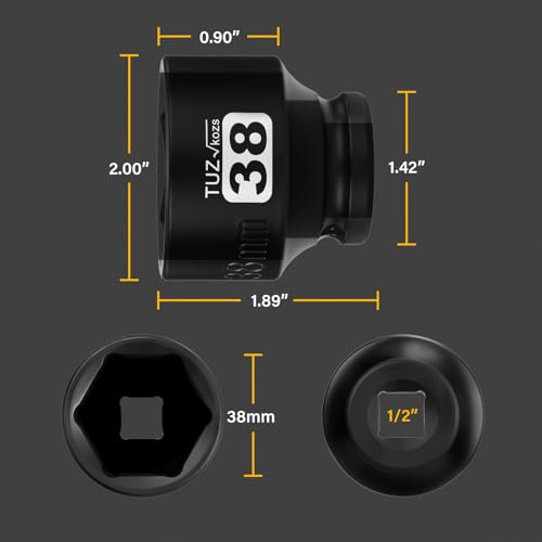 Image of 1 /2 Inch Drive 38mm Shallow Metric Impact Socket,CR-MO,6 Point Radius Corner Design,Square Chamfered Opening,Axle Nut Impact Grade Socket for Easy Removal