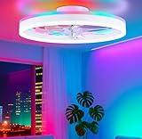 STERREN RGB Ceiling Fans with Lights, 20'' Smart LED Ceiling Fan with Remote/APP Control, Modern Low Profile Bladeless Chandelier Fan, Dimmable White Fandelier for Bedroom, Living Room, Kitchen