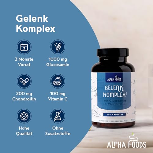 Glucosamin Gelenk-Komplex mit Chondroitin, Vitamin C, Kurkuma & Ingwer | 180 Kapseln | Hochdosiert | Gelenke & Knorpel | Made in Germany | Alpha Foods
