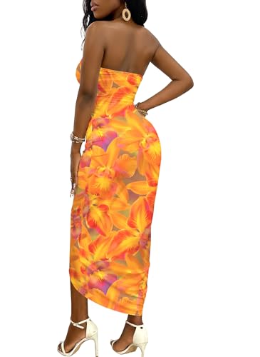Image of Umenlele Women's Strapless Ruched High Waist Wrap Split Asymmetrical Beach Maxi Long Dress