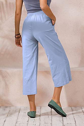 Ecupper Womens Casual Loose Elastic Waist Cotton Trouser Cropped Wide Leg Pants Light Blue 10 #TOP3