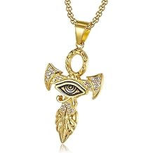 Eye of Horus Necklace for Men, Golden Ankh Cross Pendant Necklace with 22.8 Chain, Ancient Egyptian Pharaohs Horus Eye Necklace