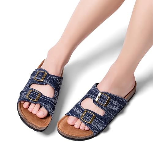 Image of Women's Comfy Arch Support Cork Footbed Adjustable Knitting Straps Indoor and Outdoor Slides Sandals