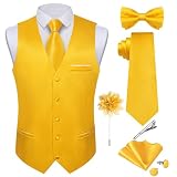 DiBanGu Mens Satin Suit Vest and Tie Set 8PCS Solid Waistcoat and Bowtie with Lapel Pin for Tuxedo Dress Vest Wedding Formal, Bright Yellow, Small