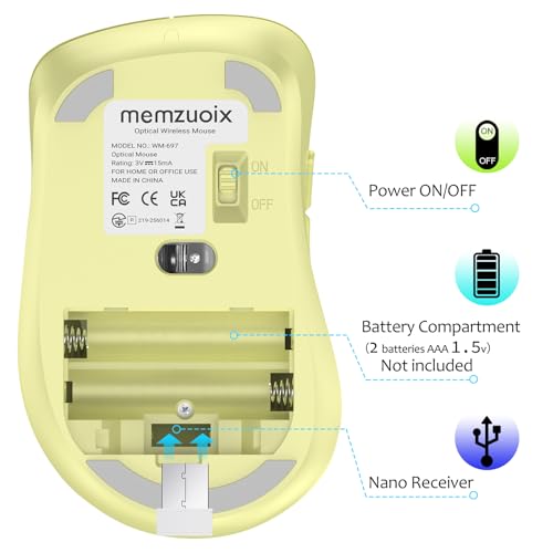 Image of memzuoix 2.4G Wireless Mouse, 1400 DPI Computer Mice USB Receiver, Portable Wireless USB Mouse Battery Powered Cordless Mice for Laptop, PC, Desktop, 5 Buttons (Light Yellow)